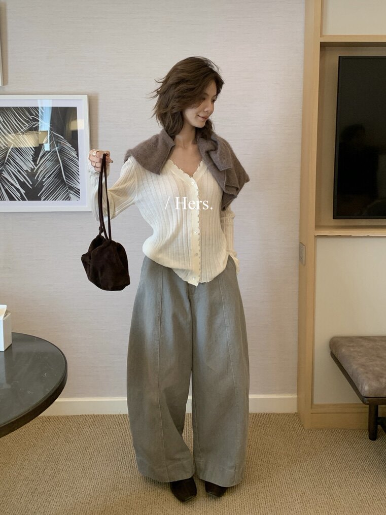 Hers高腰阔腿气球裤显瘦牛仔裤女