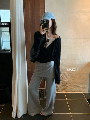 LIMON拼接假两件连帽针织衫女
