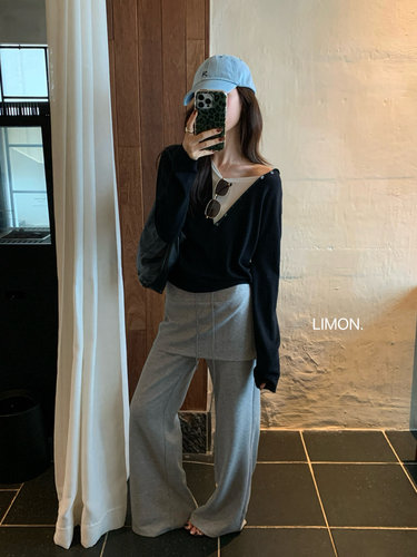LIMON拼接假两件连帽针织衫女
