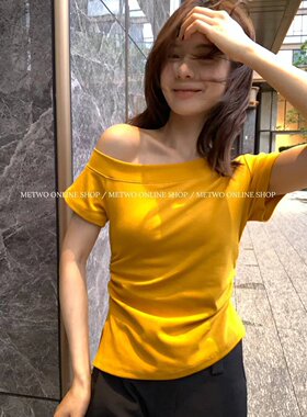 METWO 8840斜肩两穿法T恤女2025夏季褶皱收腰修身设计感短袖上衣
