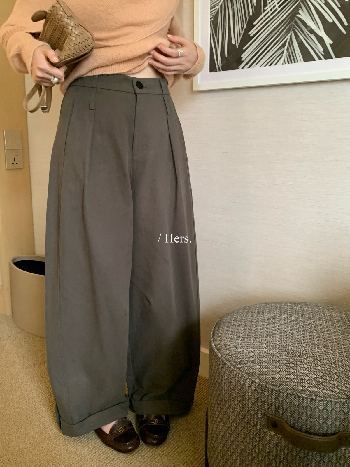 Hers轻工装压褶宽松阔腿休闲裤女