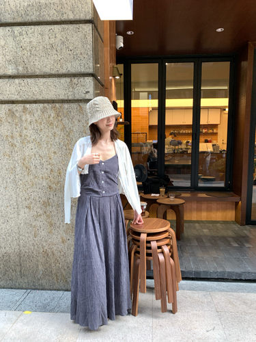 Hers复古吊带格子长款连衣裙女