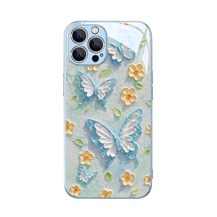 蓝色蝴蝶花朵iPhone15ProMax苹果16手机壳女14Pro玻璃xs小众13高级感11镜面12mini油画风x创意8plus女款7防摔