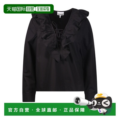 GANNI 女士衬衫 F9059099 SS2024 黑色 BLOUSE WITH RUFFLES