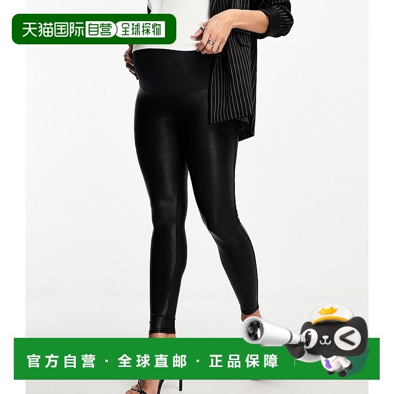 1h可退 潮奢 Spanx 女士 Mama sculpting 仿皮高腰打底裤(黑色)