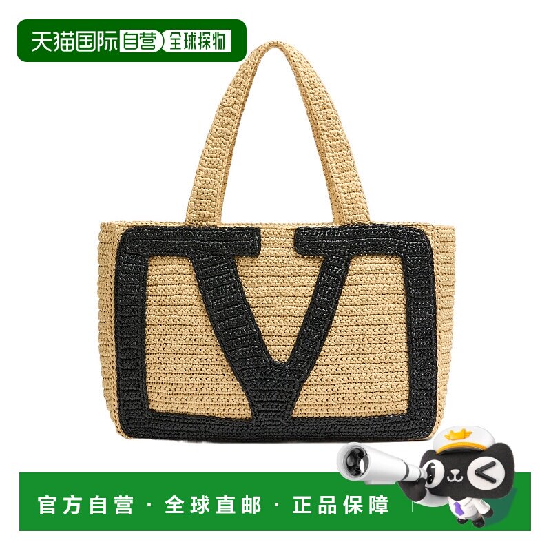 VALENTINO 女士手提包 WB0S10QETEX9 CO 米白色 大号拉菲草购物袋