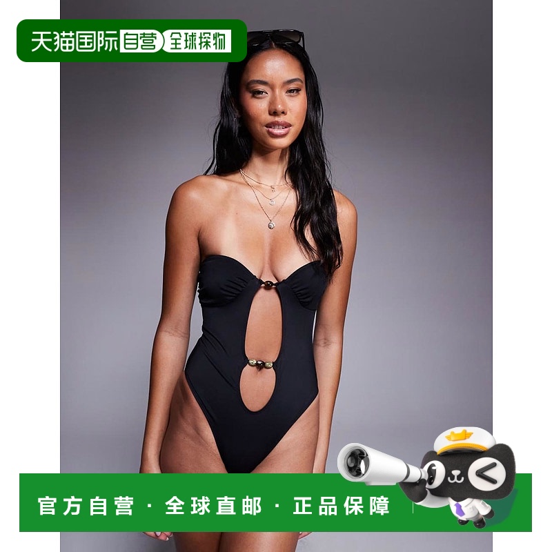 1h可退 潮奢 ASOS 女士 Tara hardware 设计珠绣抹胸泳衣(黑色)