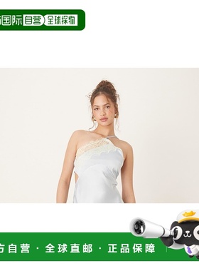 1h可退 潮奢 ASOS 女士 slip 设计不对称吊带蕾丝浅蓝色中长连衣