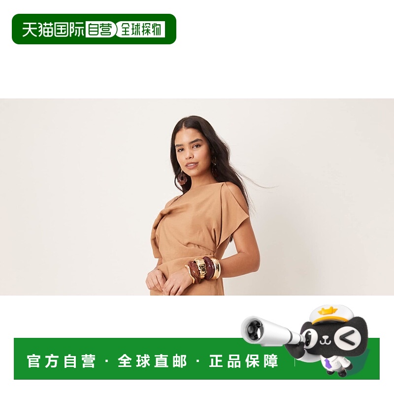 1h可退 潮奢 ASOS 女士 midaxi 设计方形领垂褶连衣裙(烟草色)