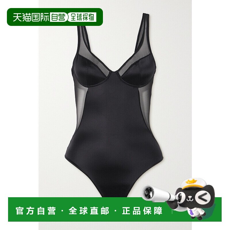 潮奢 Spanx 女士 thong 塑形网纱边弹力缎面连体衣 10373RVeryBla