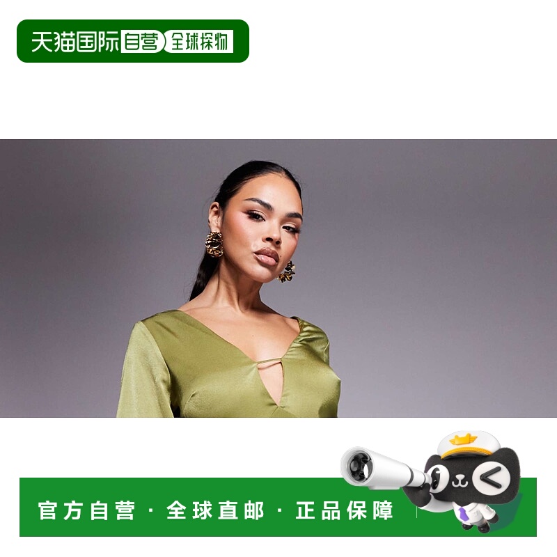 1h可退 潮奢 ASOS 女士 设计V领缎面宽袖橄榄绿绿色长款连衣裙