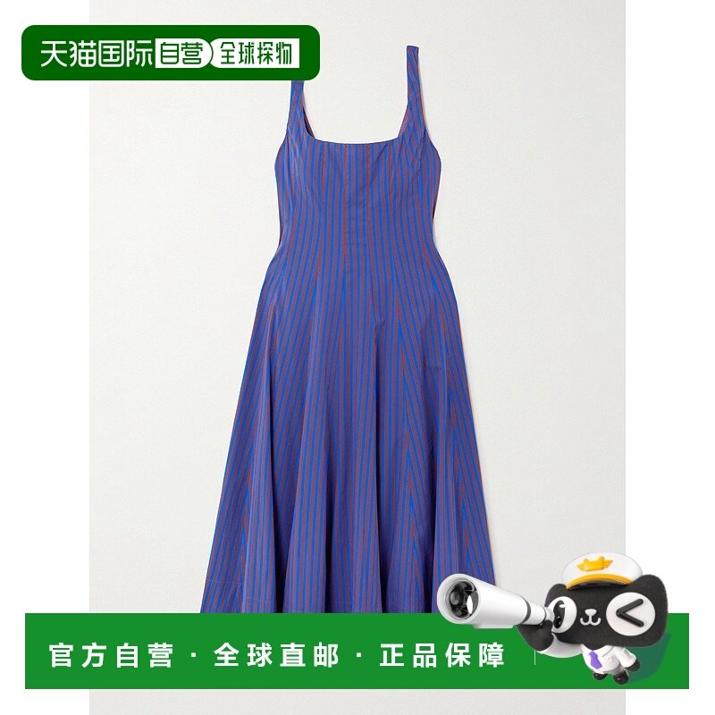 1h可退 潮奢 Staud 女士 Wells 褶裥条纹棉混纺府绸中长连衣裙 R2