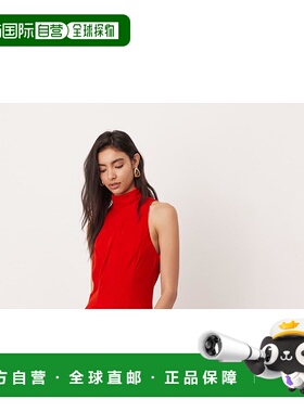 1h可退 潮奢 ASOS 女士 EDITION 天鹅绒挂脖带导丝辊裙摆红色长款