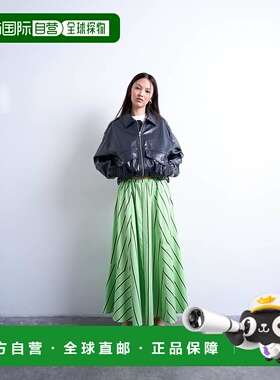 1h可退 潮奢 Topshop 女士 松紧带束腰府绸全绿色黄色条纹中长半