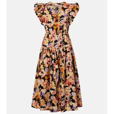 潮奢 ULLA JOHNSON 女士 Marin 花朵棉府绸中长连衣裙