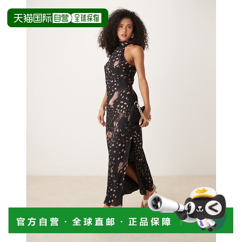 1h可退 潮奢 ASOS 女士 DEISGN 雪纺高领动物纹中长连衣裙