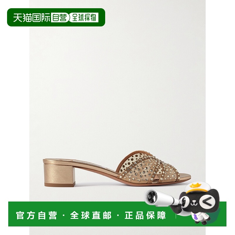 1h可退 潮奢 AQUAZZURA 女士 Lover 35 水晶精饰网纱皮质凉拖 CLR