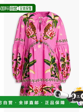 1h可退 潮奢 FARM RIO 女士 印花亚麻混纺迷你连衣裙 306160LEOPA