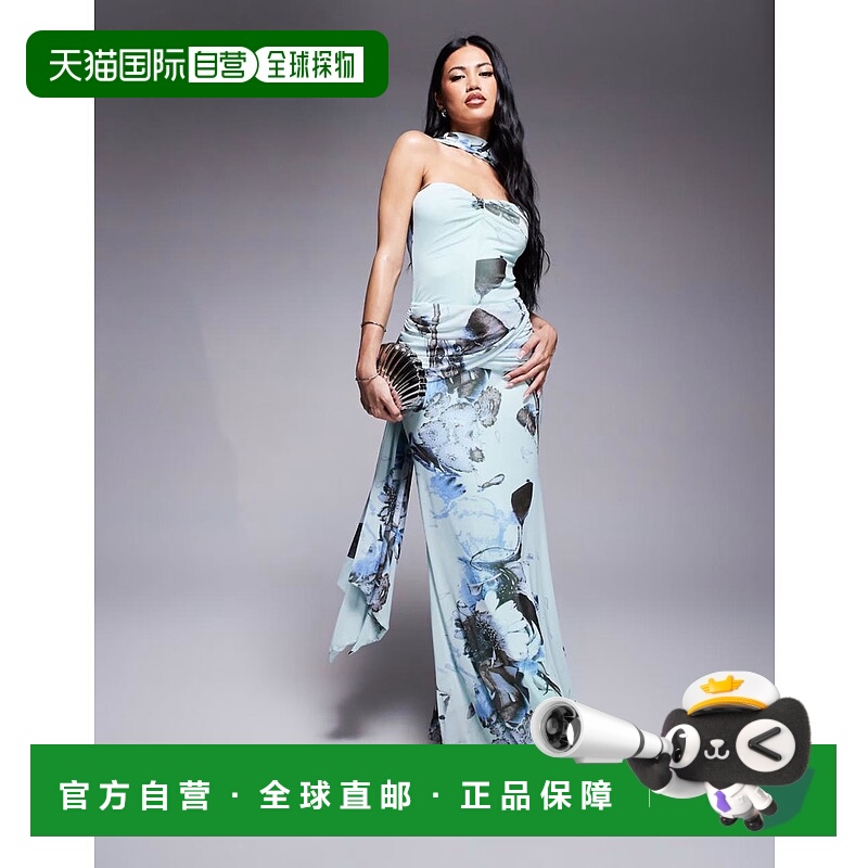 1h可退 潮奢 ASOS 女士 dress 设计抹胸网纱长款斗篷背花朵腰带()