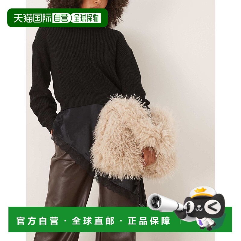 1h可退 潮奢 ASOS 女士 curly 设计人造皮草手提包(奶油色)