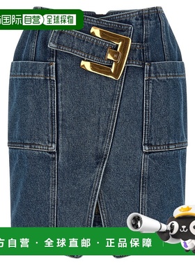 BALMAIN 女士半身裙 GF1LBB28DG086EX AW2025 蓝色 开衩牛仔半身