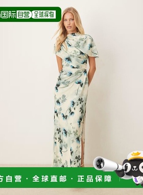 1h可退 潮奢 ASOS 女士 设计高领垂褶紧身胸衣披肩绿色印花长款连