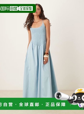 1h可退 潮奢 ASOS 女士 设计圆领褶皱背部交叉带钢蓝色长款连衣裙