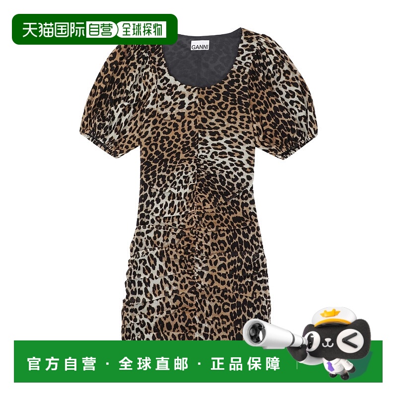 GANNI 女士半身裙 T3252315 AW2022 黑色 褶饰豹纹迷你连衣裙