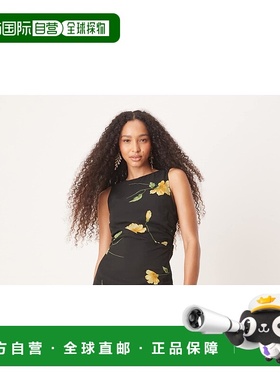 1h可退 潮奢 ASOS 女士 设计不对称褶边下摆黄色印花中长连衣裙()