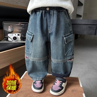 男童冬季工装裤子儿童帅气长裤2025新款韩系牛仔裤宝宝加绒直