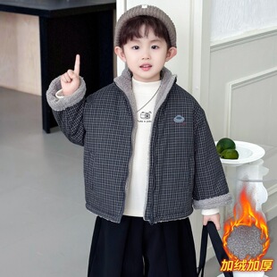 男童外套加绒加厚秋冬2025新款痞帅炸街儿童格子上衣冬装男宝
