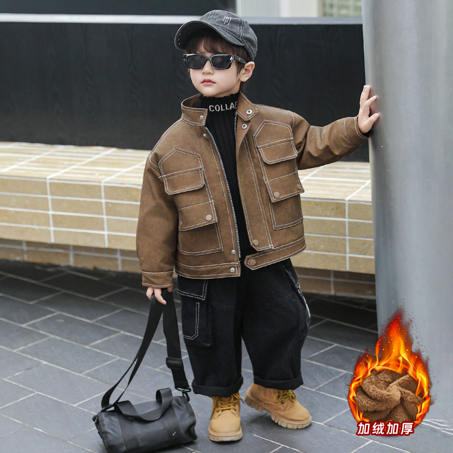 男童加棉皮衣夹克外套2025新款男宝宝秋冬洋气棒球服帅气机车