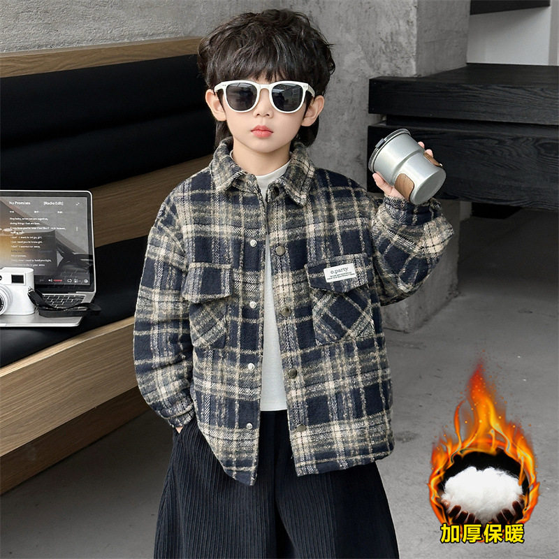 男童外套春秋款2025新款秋季中大儿童男孩秋装夹棉加厚衬衫上衣