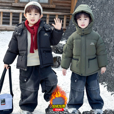 男童冬季羽绒棉服2025新款潮酷男孩加绒格子外套宝宝儿童冬装棉衣