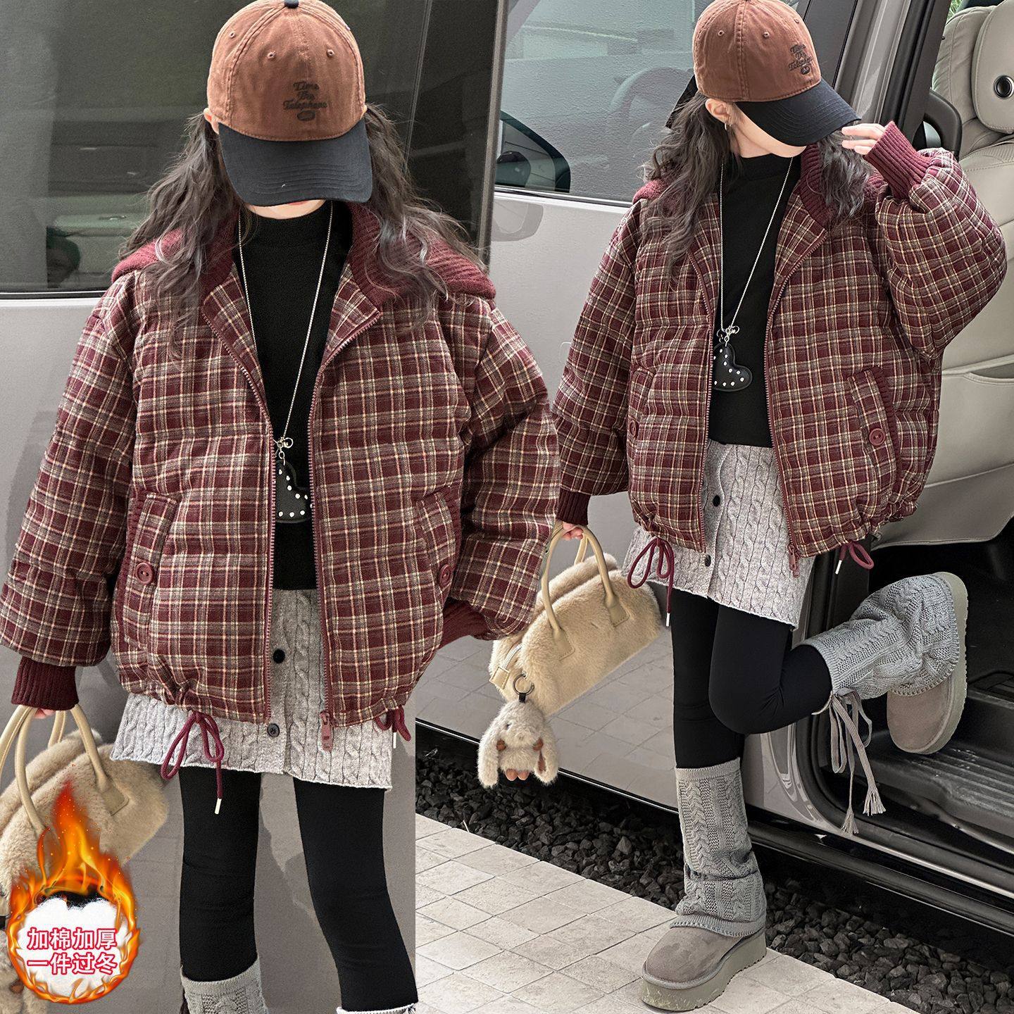 女童冬季棉衣2025新款加棉加厚复古格子中大童儿童短款保暖棉服冬
