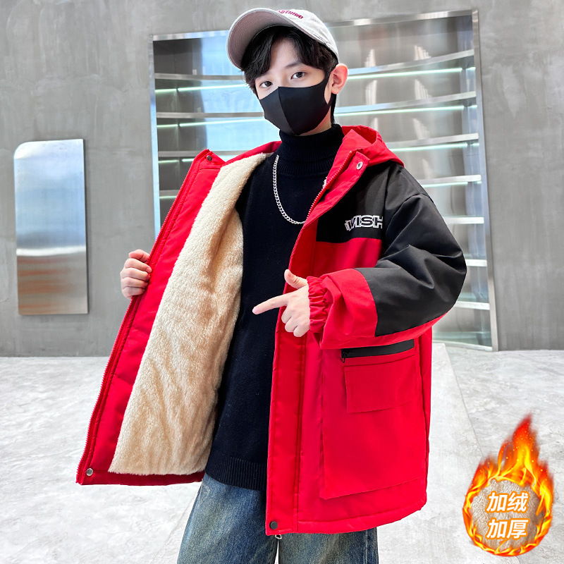 男童加绒派克服秋冬加厚棉衣2025新款中大童时髦男孩炸街棉袄外套