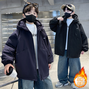 男童外套秋冬新款夹棉加厚保暖儿童中大童黑色冬天休闲连帽男孩潮