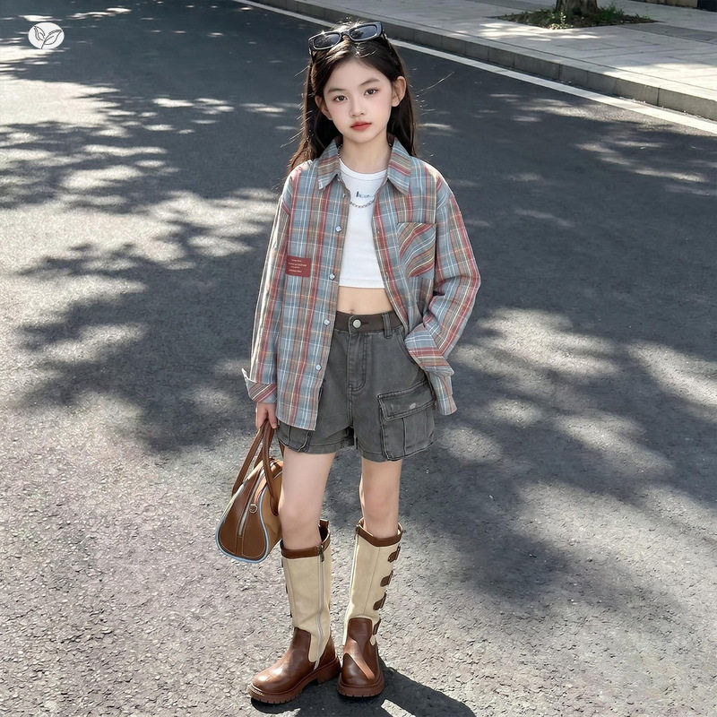女童秋季格子衬衫2026新款中大儿童字母印花翻领外套秋装长袖上衣