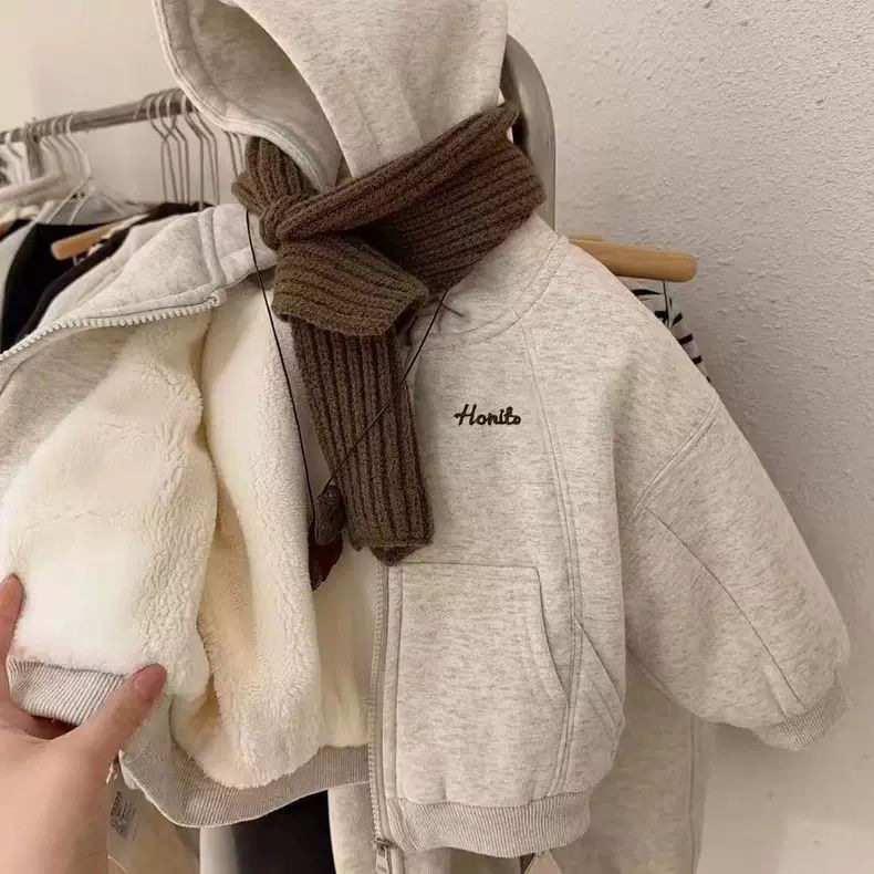 男童连帽外套秋冬男宝宝加绒卫衣上衣儿童保暖一体绒开衫0084A010