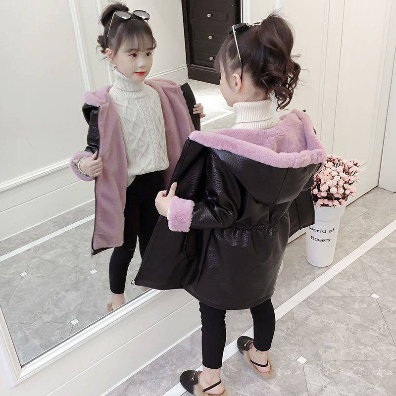 女童冬季皮衣外套2025新款洋气中大童加厚风衣中长款加绒保暖棉衣