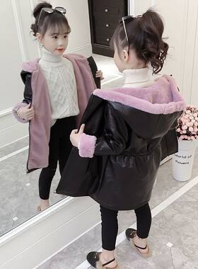 女童冬季皮衣外套2025新款洋气中大童加厚风衣中长款加绒保暖棉衣