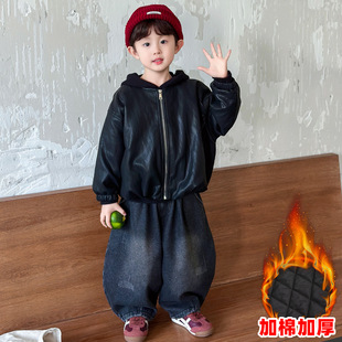 男童套装秋冬2025新款男孩韩版连帽毛衣服儿童夹棉皮衣外套