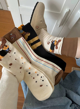 美拉德翻口竖条纹中筒袜ins潮秋冬季薄款日系卡通腊肠狗女士长袜
