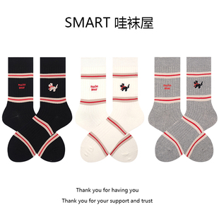 白色小狗袜子女中筒袜春秋季 可爱日系卡通ab不对称条纹堆堆袜长袜