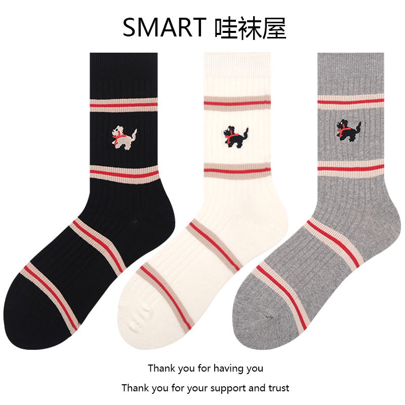 ab不对称小狗袜子女条纹中筒袜