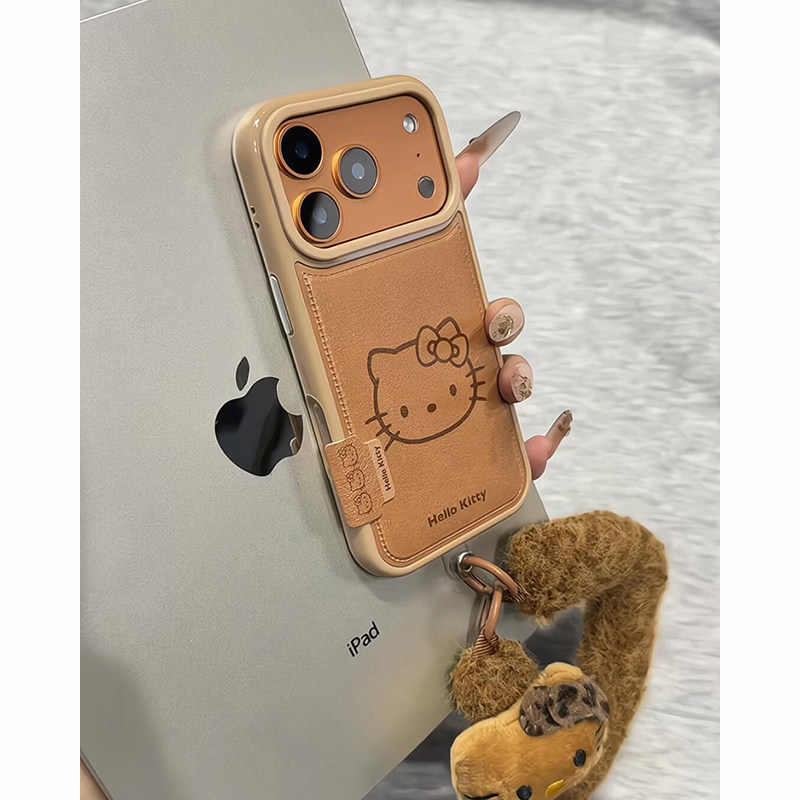 欧略 皮质鼓包线条猫咪带挂绳适用苹果17promax手机壳15新