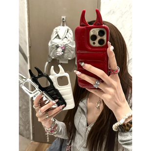 欧略 日韩立体小恶魔触角羽绒服适用苹果16promax手机壳iPhone14新款16皮质14pro防摔15保护套女款12个性创意