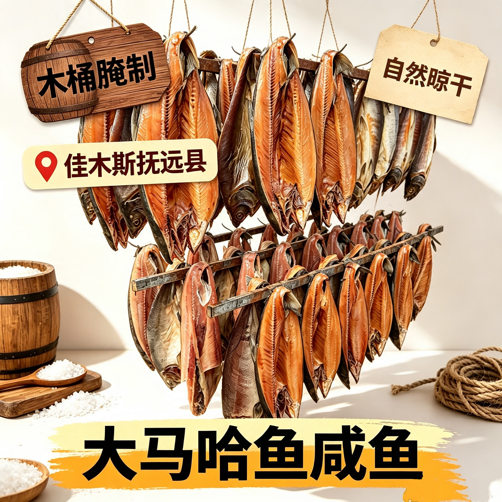 大马哈鱼红肉咸鱼半干木桶发酵腌制自然晾晒佳木斯抚远东北特产