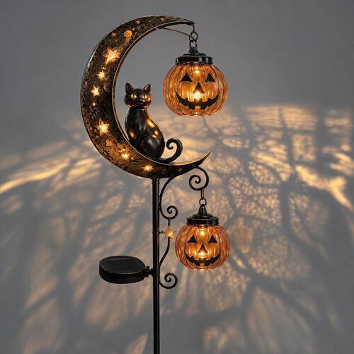 Solar Black Cat & Pumpkin Moon Stake Light黑猫南瓜地插灯