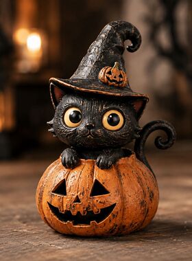 新品Halloween 万圣节猫咪南瓜摆件惊悚树脂雕像装饰礼物
